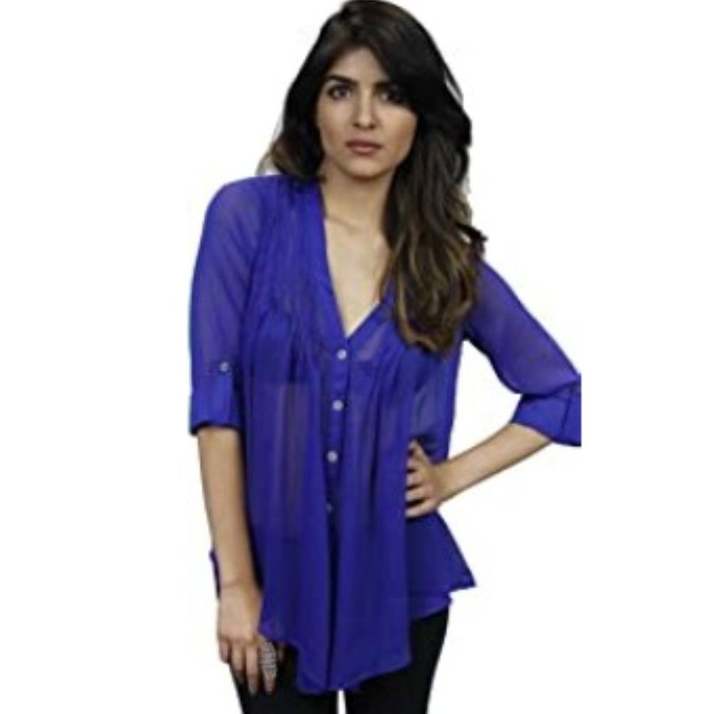 Olive & Oak royal blue sheer button down top